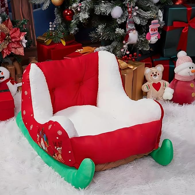 Christmas Dog - Bed Plush Sleigh Pet Bed with Anti-Slip Bottom for Cozy Comfort, Indoor Outdoor Puppy Cushion for Bedroom Living Room Home Winter Balcony Gathering Holiday Pet Furniture Accessories