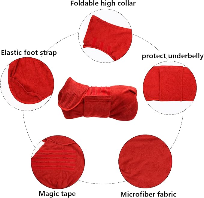 Geyecete Dog Drying Coat - Fast Drying Dog Bath Robe Towel - Microfibre Super Absorbent - Luxuriously Soft - Red - XXXL