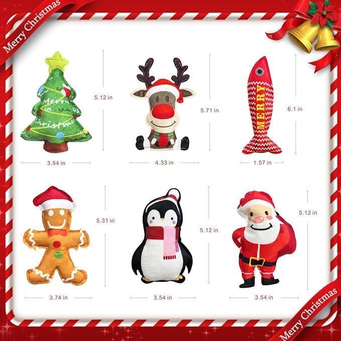 Idepet 6 Pcs Christmas Cat Toys Catnip Xmas Plush Santa Claus Tree Interactive Chew Bite Crinkly Sound Toys for Indoor All Breeds Cats Exercise ﻿