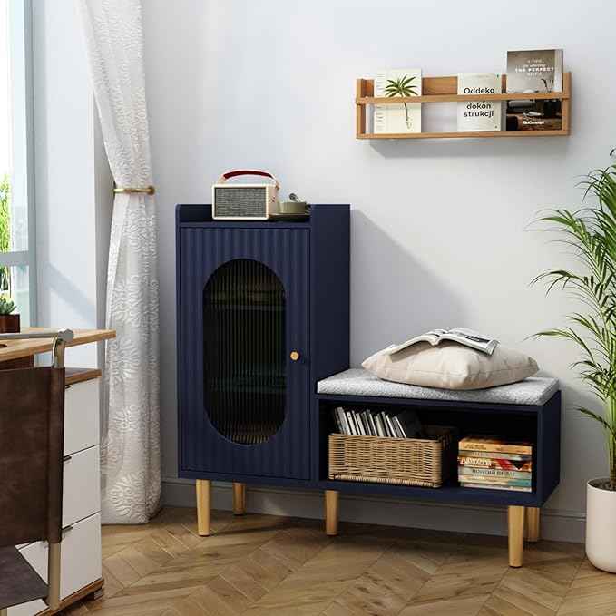 HLR Storage Bench with Glass Door&Shelf, Modern Entryway Shoe Cabinet Bench