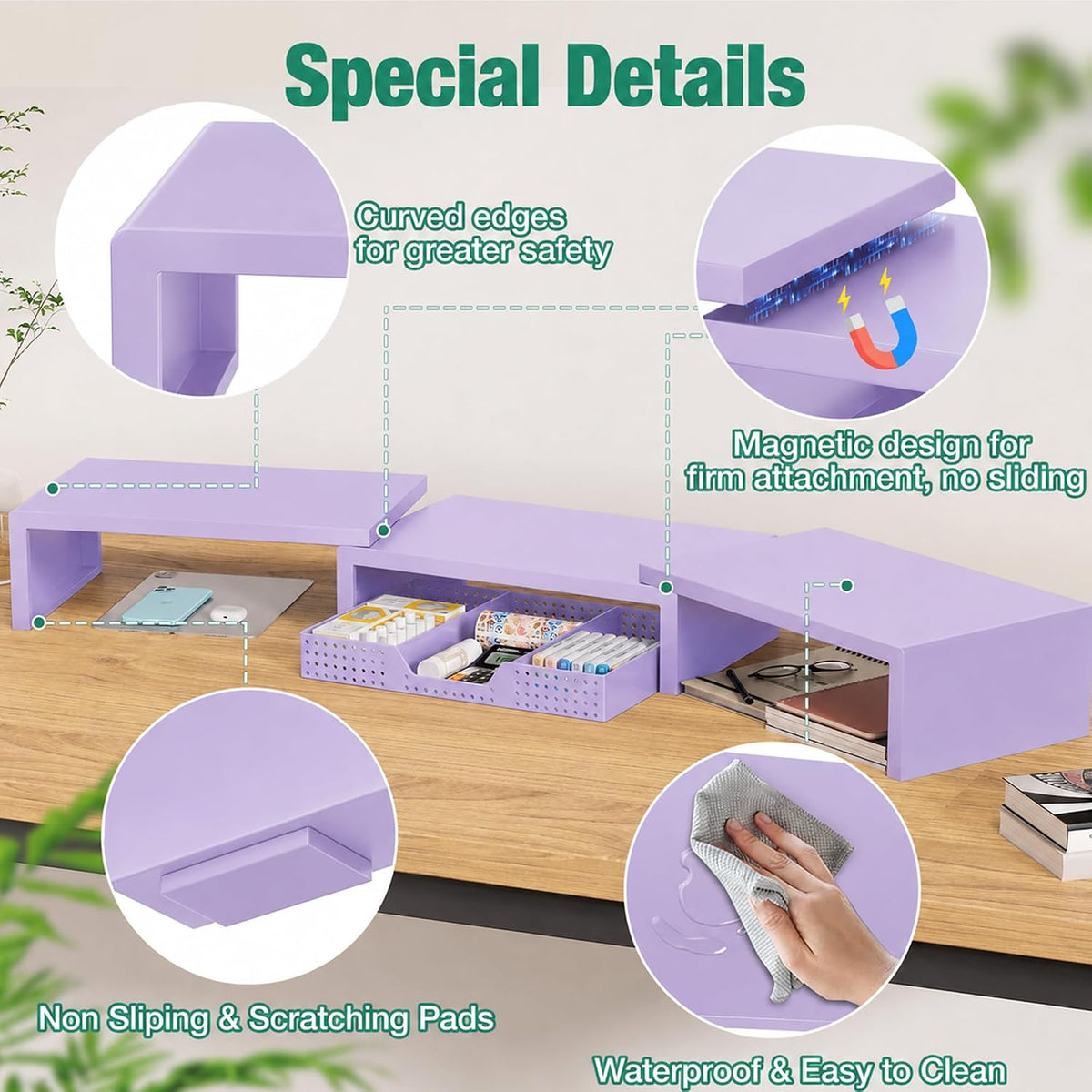 OPNICE Dual Computer Monitor Stand Riser, Desk Organizer with Drawer, Office Desk Accessories & Workspace Organizers for Home Office Supplies, Purple