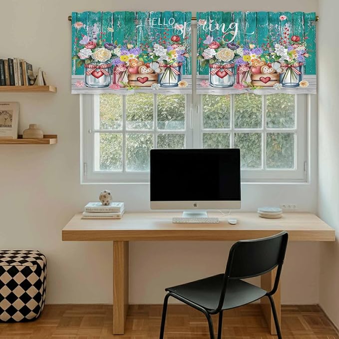 Spring Flowers Tier Curtains, Farmhouse Watercolor Teal Wood Grain Light
