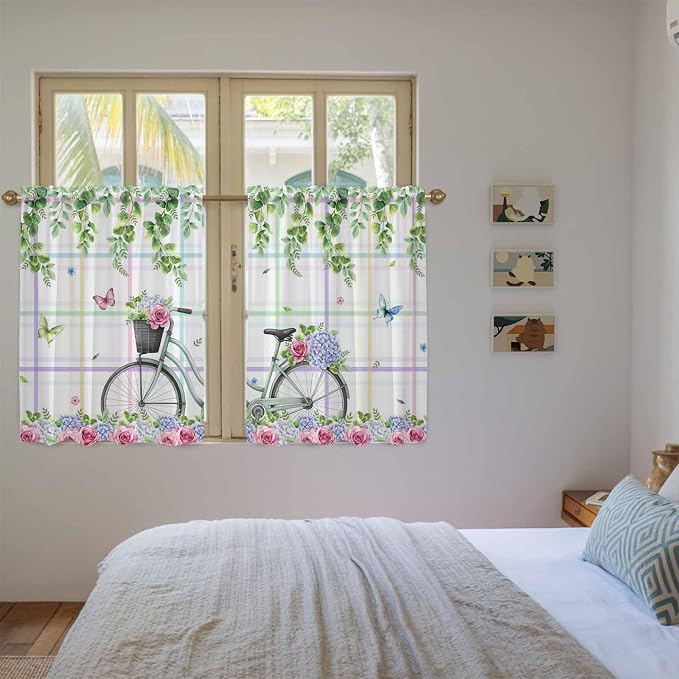 Spring Kitchen Curtains, Bicycles Botanical Leaves Rose Colorful Stripes Light