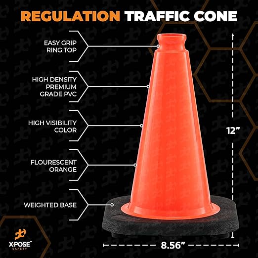 Xpose Safety 12 Inch Orange Traffic Cones, 24-Pack - Multipurpose PVC Plastic Safety Cone for Parking, Soccer, Caution, Kids and Construction - DOT Approved