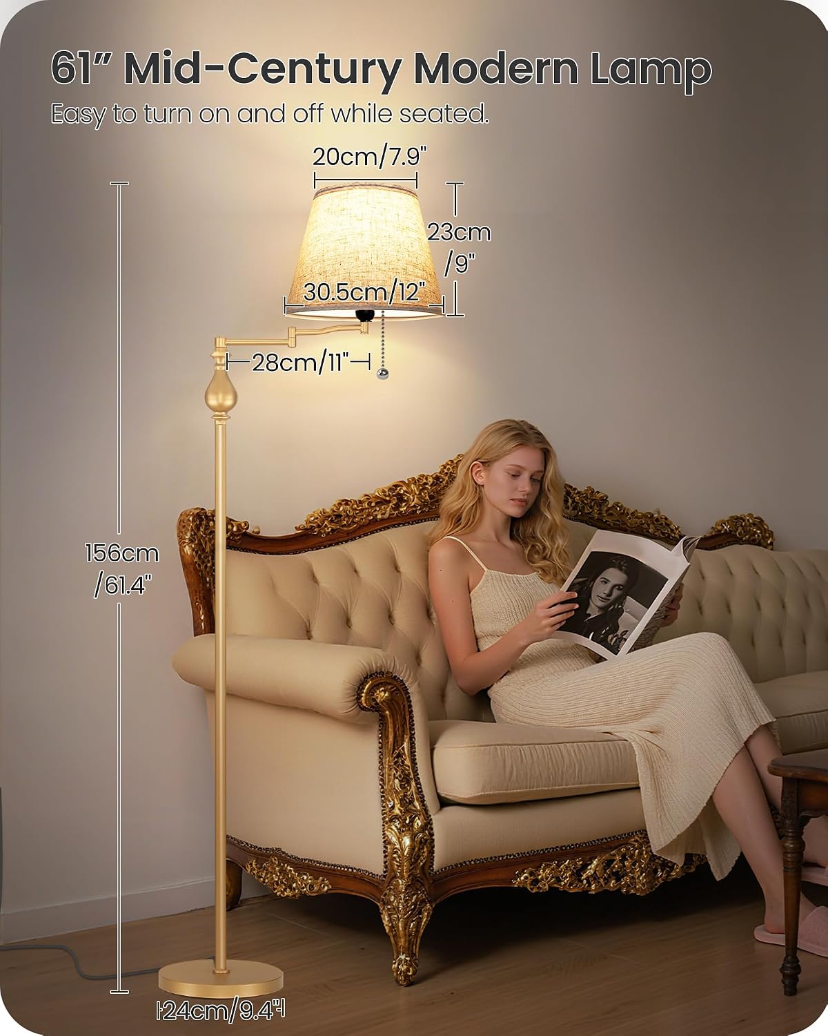 61"Vintage Gold Floor Lamp with 350°Adjustable Swing Arm, Pull Chain Switch