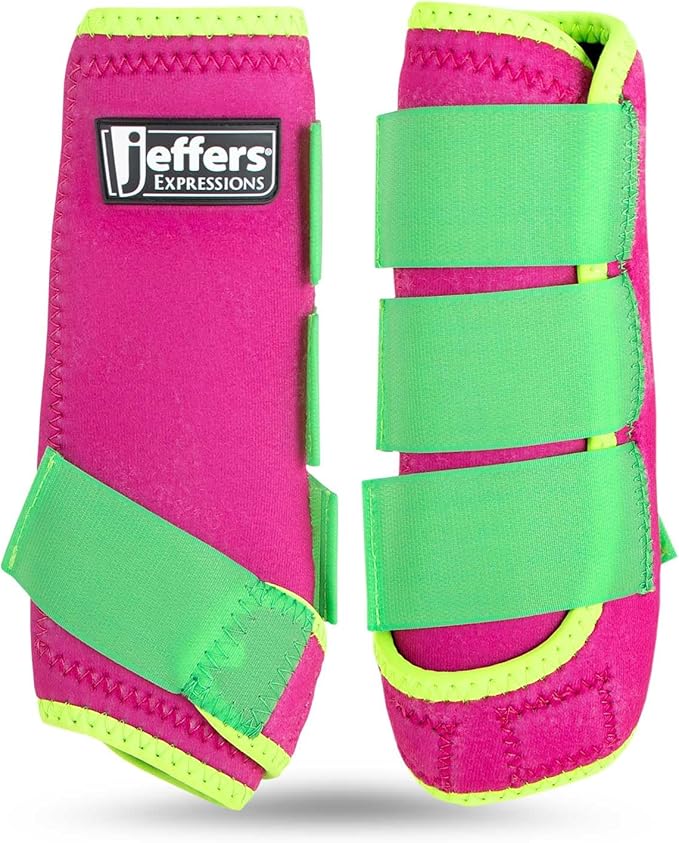 Jeffers Expression Neon Protective Horse Boots,1 Pair, Pink & Lime - Safe Neoprene Leg Guards, Durable Strap Closures, Front & Hind Support, Equestrian Accessories for Travel & Riding - Medium