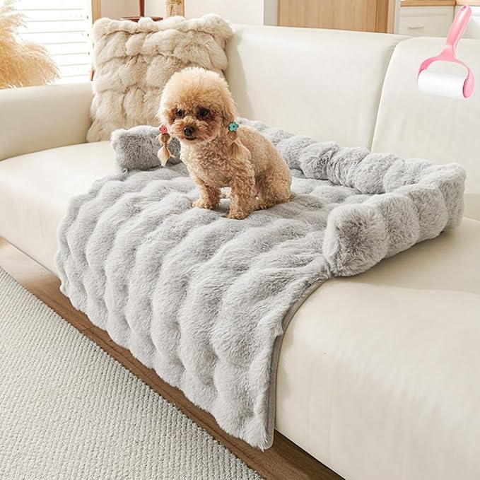 Luxurious Cozy Dog Couch Bed, Plush Dog Mat for Furniture Protector and Car, Non Slip Washable Calming Winter Thickened Pet Bed with Pillows for Large Medium Small Dogs/Cats