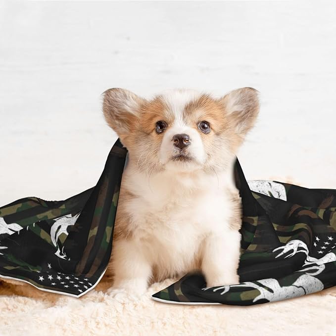 Double Sided Pet Throw for Dogs Who Shed, Deer Camo Camouflage American Flag Hunting Black, Reversible Blanket with Nubby Dot Side Catches Loose Fur for Easier Furniture Cleanup