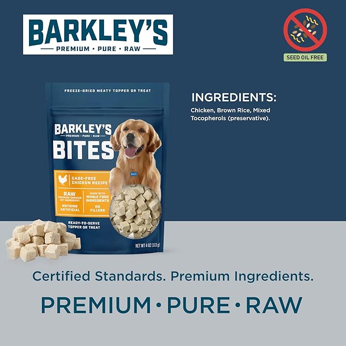 Barkley’s Bag Chicken Bites, Freeze Dried Dog Treats & Food Topper, Made with Chicken and Brown Rice, Small Bite-Sized Pieces for Training Rewards, for All Dog Breeds, Ages & Sizes, 4 Oz Bag (3 Pack)