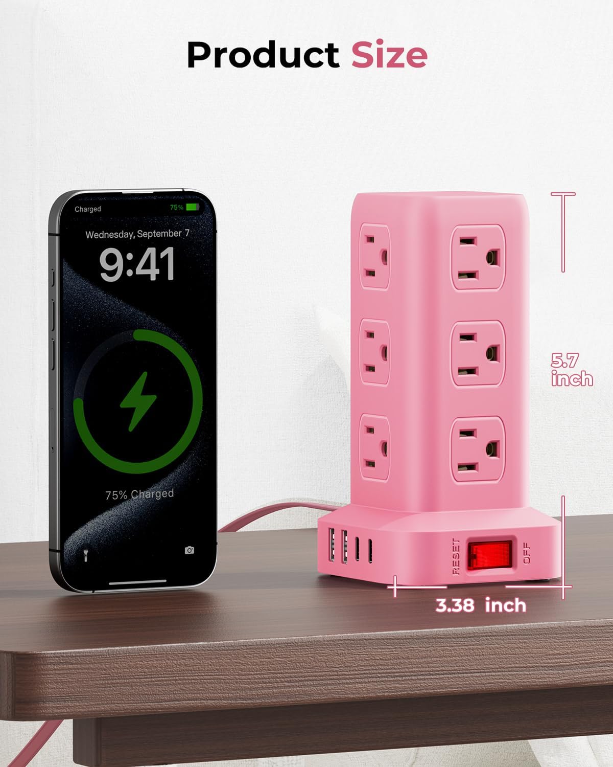 Pink Power Strip with 12 Outlets 4 USB (1 USB C), 6.5Feet Extension Cord with Multiple Outlets, Charging Station, Power Strip Tower, Home Office Desk Supplies