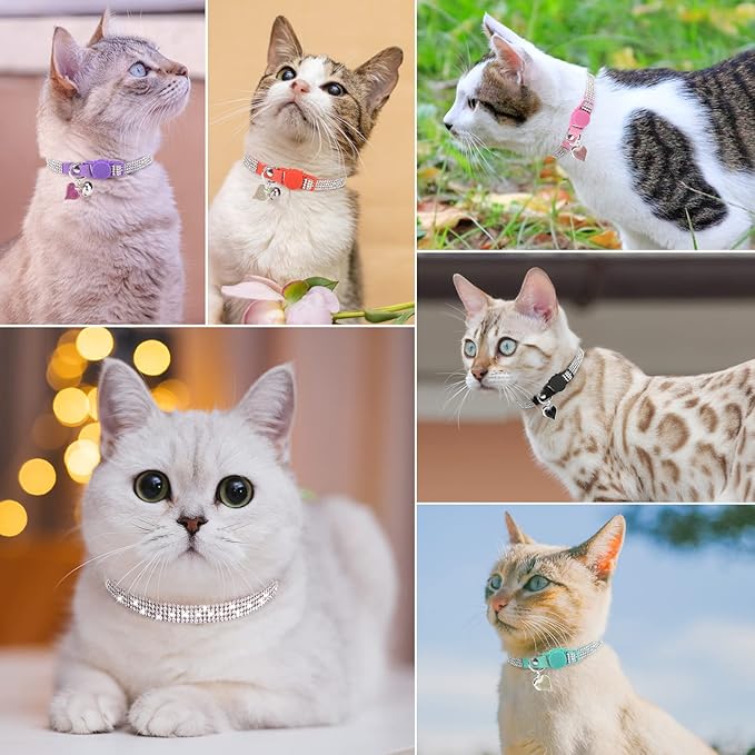Rhinestone Cat Collar Breakaway with Bell, Diamond Cat Collar with Safety Buckle Quick Release for Girl Boy Small Kitten Pets Puppy,Cute Soft Female Male Cat Collars, Color Black 7-9"