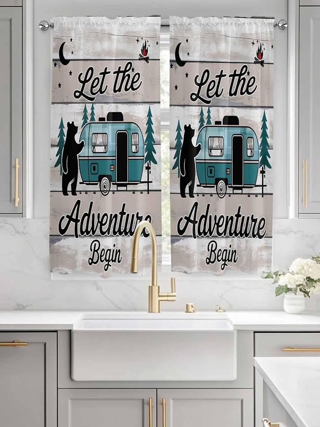 Farmhouse Bear Camper Van Tree Window Valance Curtains, Vintage Wood Grain
