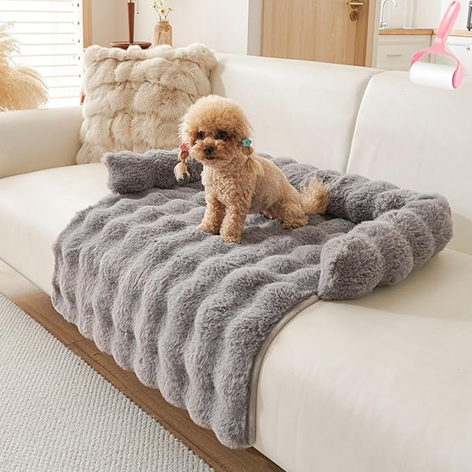 Luxurious Cozy Dog Couch Bed, Plush Dog Mat for Furniture Protector and Car, Non Slip Washable Calming Winter Thickened Pet Bed with Pillows for Large Medium Small Dogs/Cats