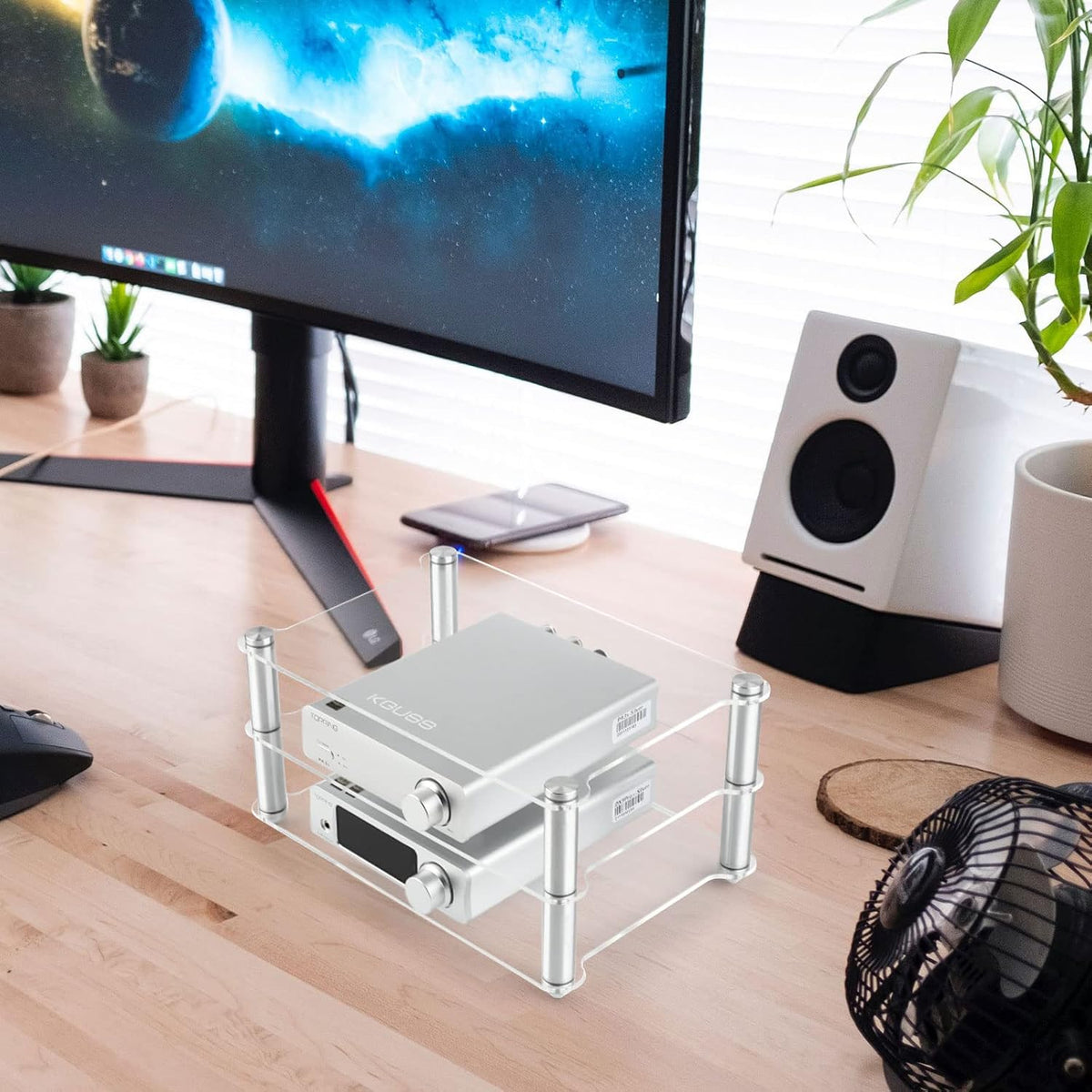 KGUSS Mini Audio Component Rack Acrylic 2-Layer Aluminium Holders Small Desktop Transparent Rack for HiFi Audio Equipment dac Amplifier Amp