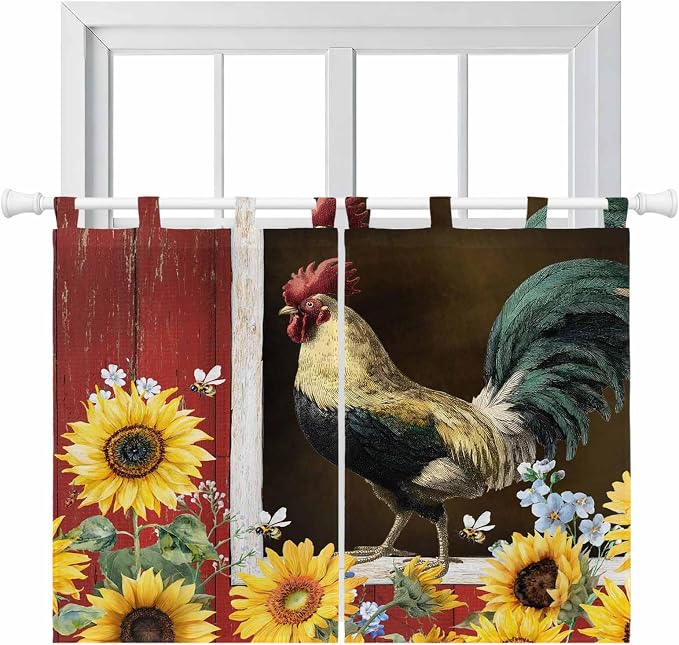 Chicken Sunflowers Bedroom Curtains 63 Inch Length, Window Curtains Tab Top
