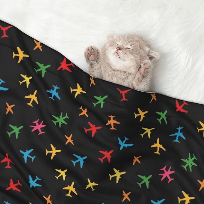 Pet Blanket for Car Rides Vet Visits, Colorful Aircraft Airplane Black, Two Sided Reversible Plush Design with Bumpy Dot Side Offers Comfort Home Piece On Go Travel