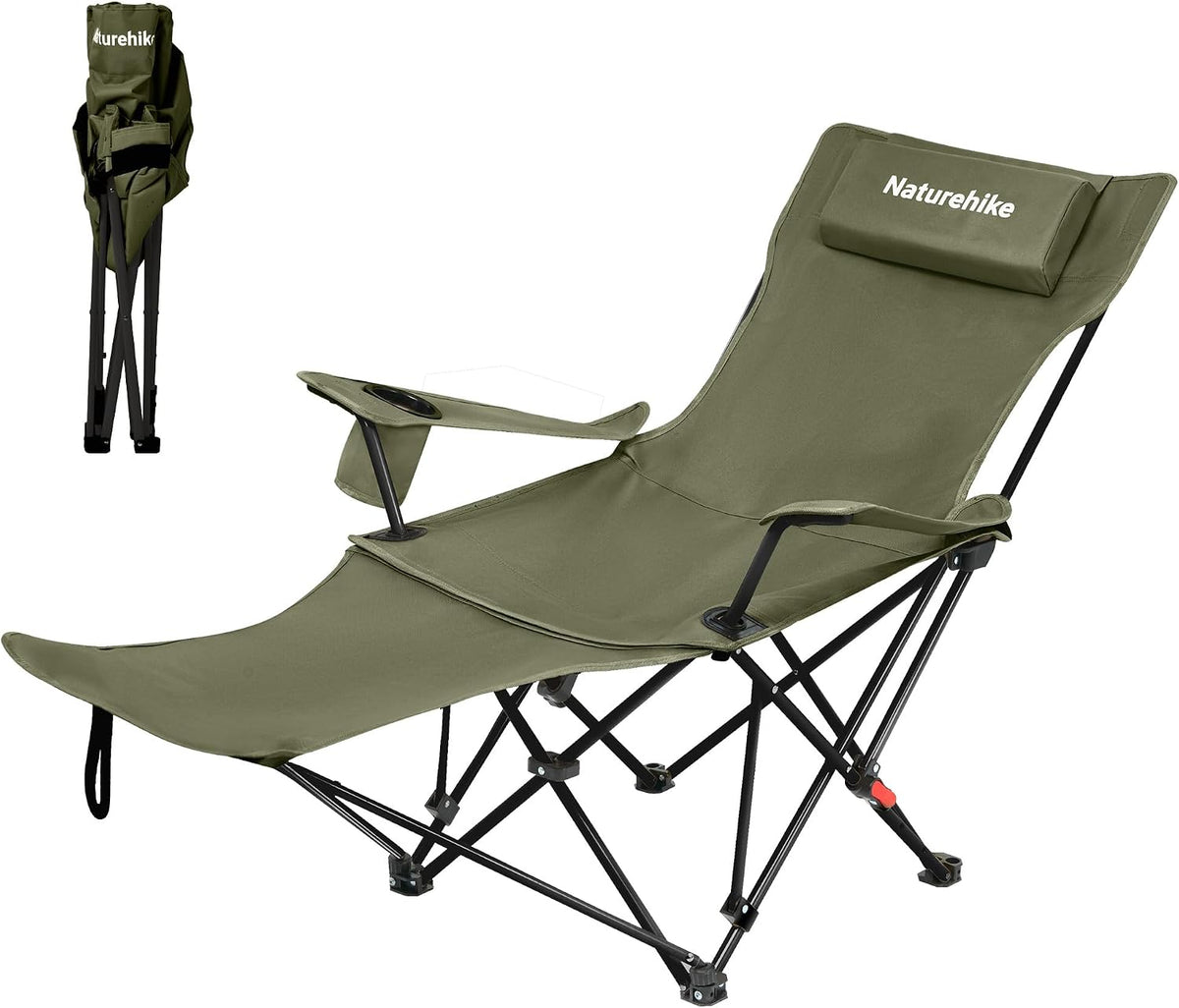 Naturehike 3-Position Adjustable Recliner with Footrest, Heavy Duty Folding Camping Chair, Portable Lounge Chair with Carry Bag, Cup Holder & Side Pocket for Beach, Patio, Lawn – Supports 330 lbs