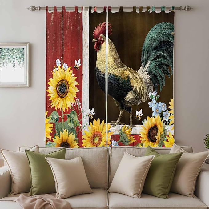Chicken Sunflowers Living Room Curtains 84 Inch Length, Window Curtains Tab Top