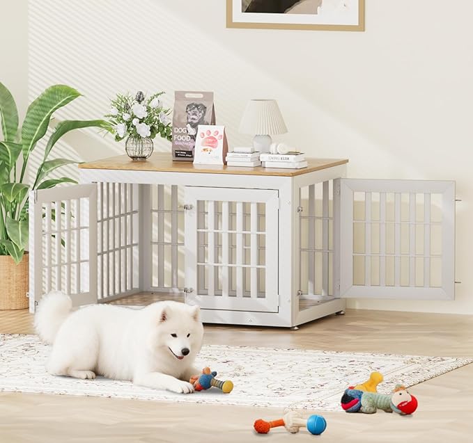 42" Heavy Duty Dog Crate Furniture for Small,Medium and Large Dogs,Rustic Wooden Dog Cage Kennel Indoor Furniture with Waterproof Top,Decorative Pet House Side End Table (White & Wood)