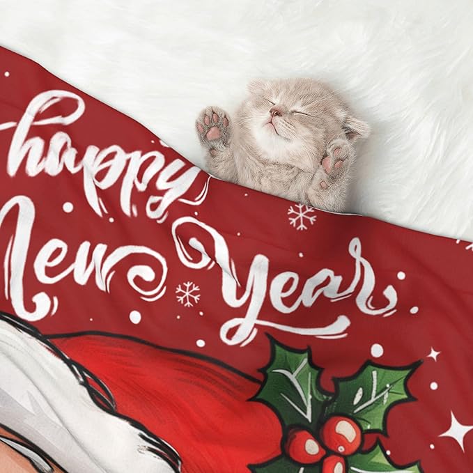 Happy New Year Throw Blanket - Red Xmas Blanket for Dog Cat Pet 23x16 Santa Blankets for Couch Sofa Bed