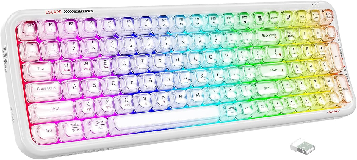 FOPETT Wireless Computer Keyboard with RGB Backlit, Tri-Mode Bluetooth 5.0/USB-C/2.4GHz Ergonomic Gaming Keyboard - Full-Size Rechargeable Transparent Keycap for Laptop/Windows/PC - White