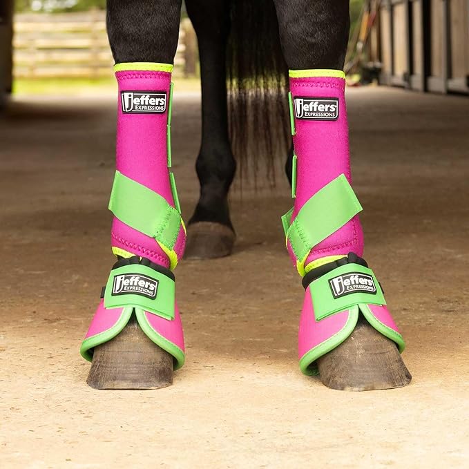 Jeffers Expression Neon Protective Horse Boots,1 Pair, Pink & Lime - Safe Neoprene Leg Guards, Durable Strap Closures, Front & Hind Support, Equestrian Accessories for Travel & Riding - Small