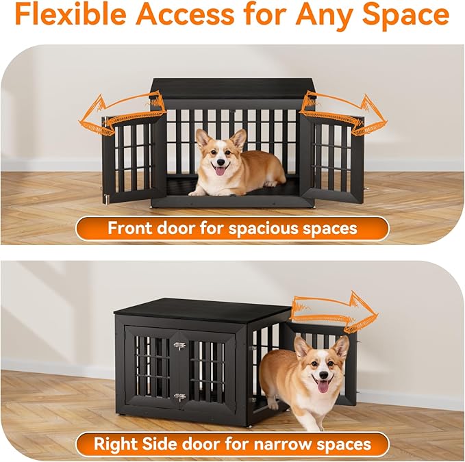 32" Heavy Duty Dog Crate Furniture for Small,Medium and Large Dogs,Rustic Wooden Dog Cage Kennel Indoor Furniture with Waterproof Top,Decorative Pet House Side End Table (Black)