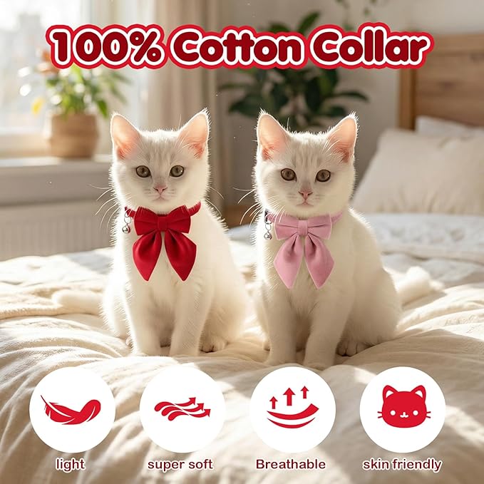 2Pcs Cat Collars for Girl Cats Breakaway Pink Cat Collar with Removable Bow Adjustable Kitten Collar with Bell for Cute Kitten Girl Cats （Pink Red）