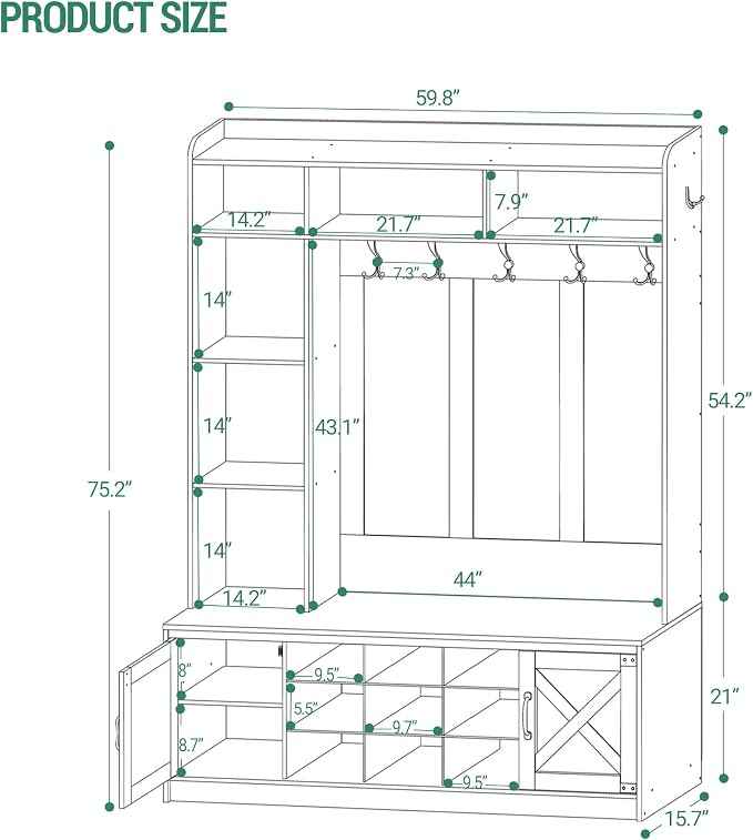 59.8" Hall Tree, LED Farmhouse Entryway Storage and Coat Rack Wood, Entryway