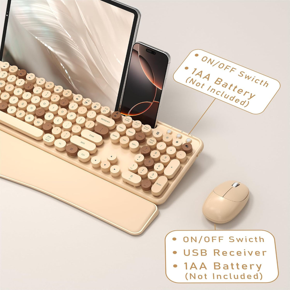 Wireless Keyboard and Mouse Combo with Phone Holder (Milk Tea)