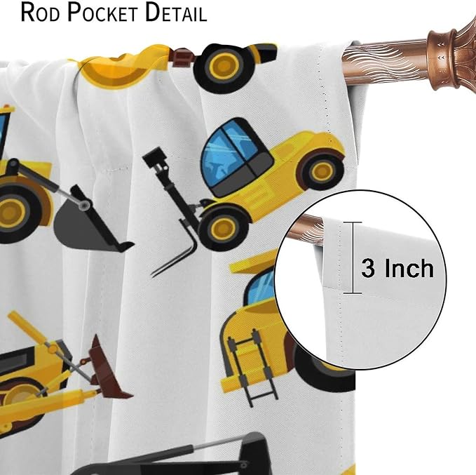 Kids Construction Equipment Window Curtains, Excavator Tractor Tow Truck Rod