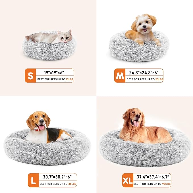 Sweetcrispy Donut Dog Bed, XL Large Round Calming Cat Bed with Washable Waterproof Cushion, Anti-Anxiety & Anti-Slip Fluffy Cuddle Cozy Faux Fur Plush for Pet Puppy Indoor Sleeping (37.4"x37.4", Gery)