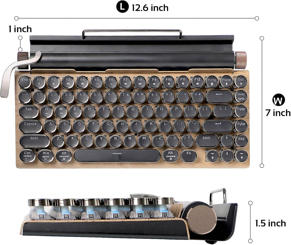 83-Key Mechanical Keyboard - Retro Typewriter Wireless Bluetooth Gaming Keyboard, Anti-Ghosting Blue Switch (Wood)