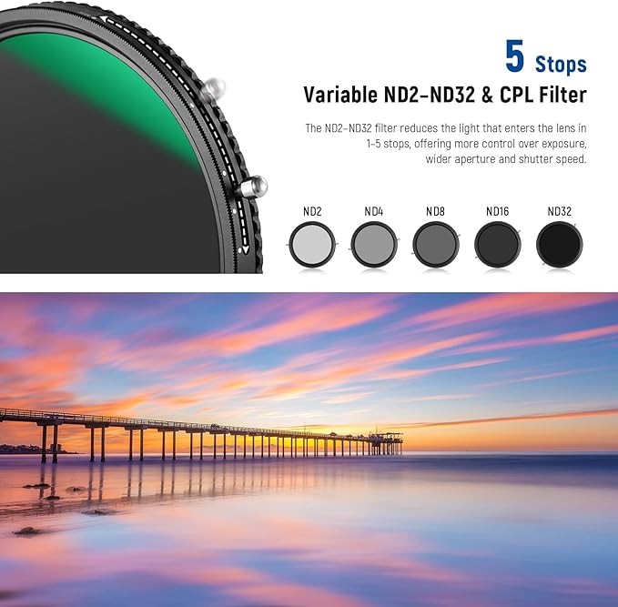 NEEWER 2 in 1 77mm Variable ND Filter ND2–ND32&CPL Filter No X Cross/30 Layer