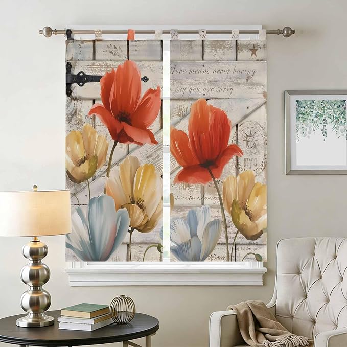 Retro Floral Bathroom Curtains 63 Inch Length, Window Curtains Tab Top