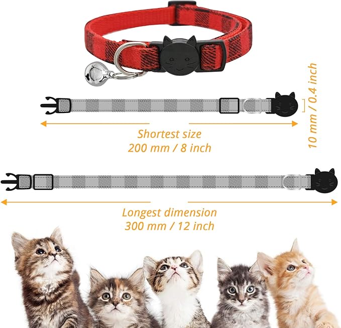 MJIYA Stylish Plaid Cat Collars with Bells - Adjustable Breakaway Kitten Collar (8-12 Inches) - Cute Collar for Girls and Boys - Pet Gift and Accessory (Red, 1 Pack)