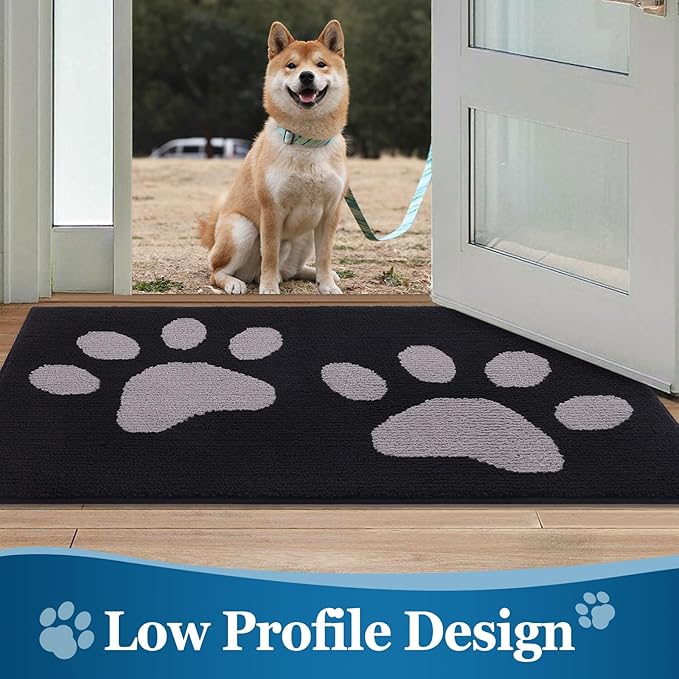 Buganda Dog Door Mat for Muddy Paws, Absorbent Dirt Trapper Washable Indoor Doormats, Non Slip Low-Profile Mud Mat for Dogs, Front Entrance Doormat for Inside Floor (30x20 Inches, Black and Grey)
