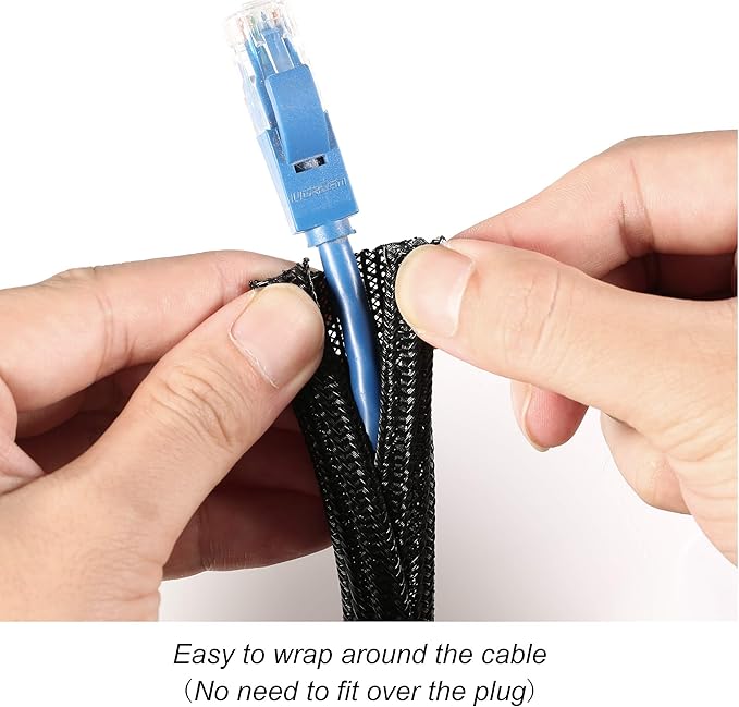 CrocSee 10ft - 1/4 inch Braided Cable Management Sleeve Cord Protector - Self-Wrapping Split Wire Loom for TV/Computer/Home Theater/Engine Bay - Black