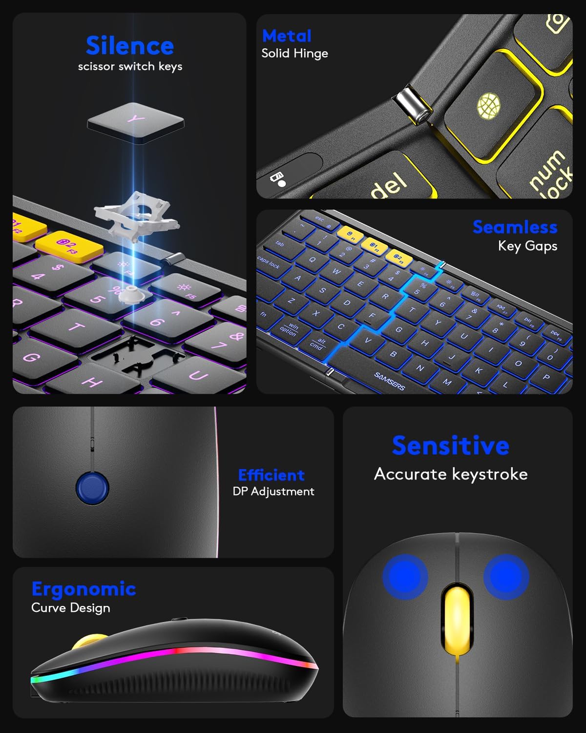 Foldable Keyboard and Mouse, Samsers Folding Bluetooth Keyboard Combo, 2.4G + BT5.0 x 2, Full-Size Portable Travel Keyboard & Rechargeable Wireless Mouse for Windows Android iOS Mac OS, Black