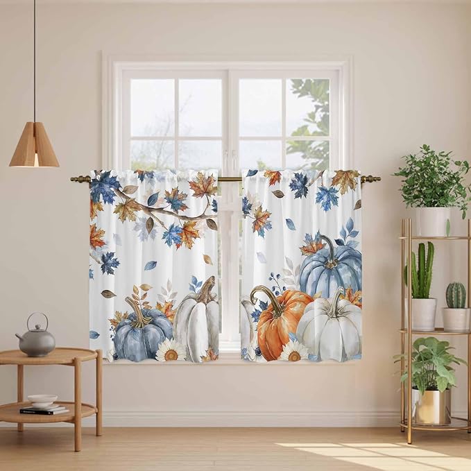 Navy Blue Pumpkin Fall Kitchen Tier Curtains 45 Inch Long 2 Panel Set, Rod
