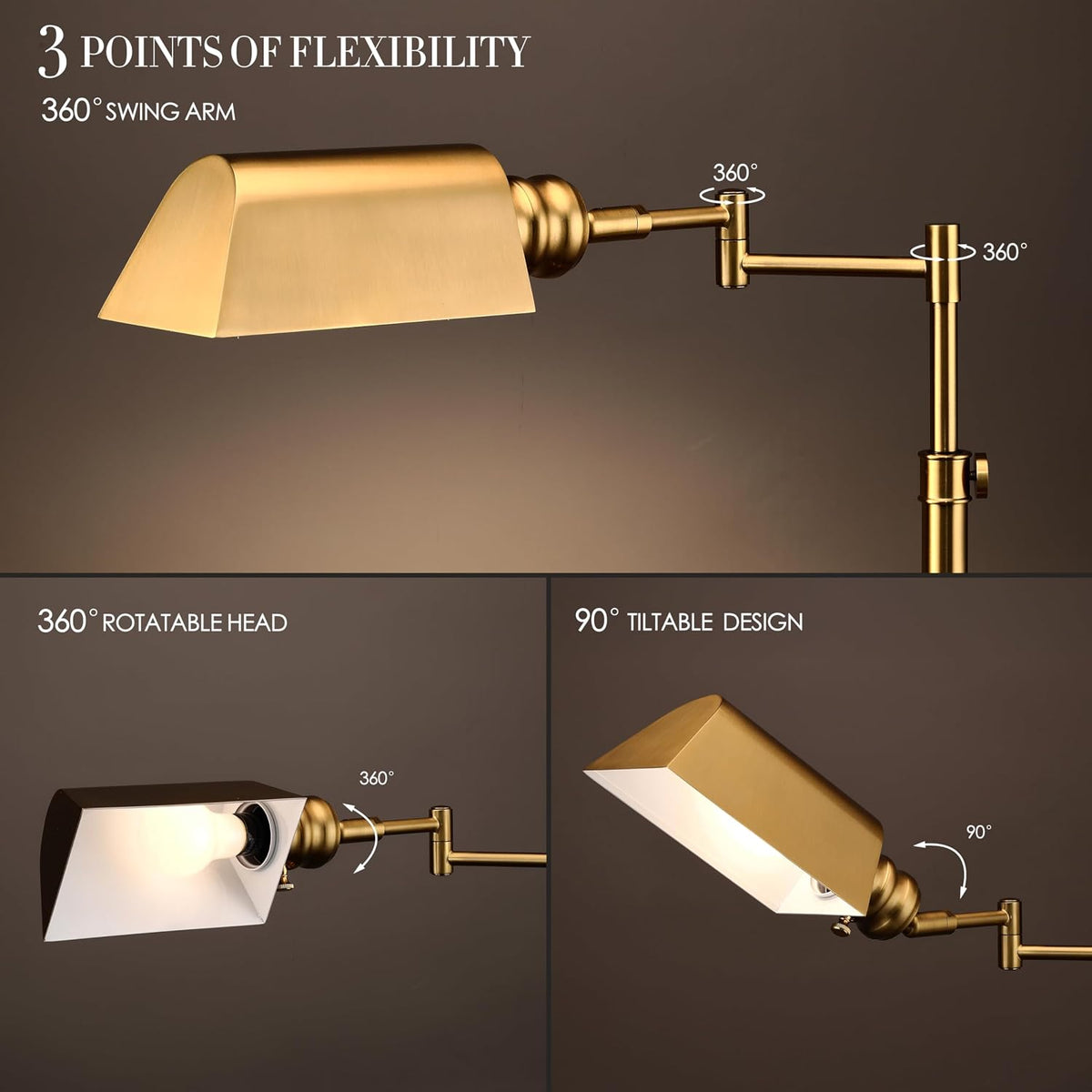 O’Bright Arcadia - Pharmacy Floor Lamp, Full Range Dimming, Swing Arm Task Lamp, E26 Socket, Bulb Replaceable, Adjustable Height 47” to 55”, 360° Rotatable Shade, All-Metal Design, Antique Brass