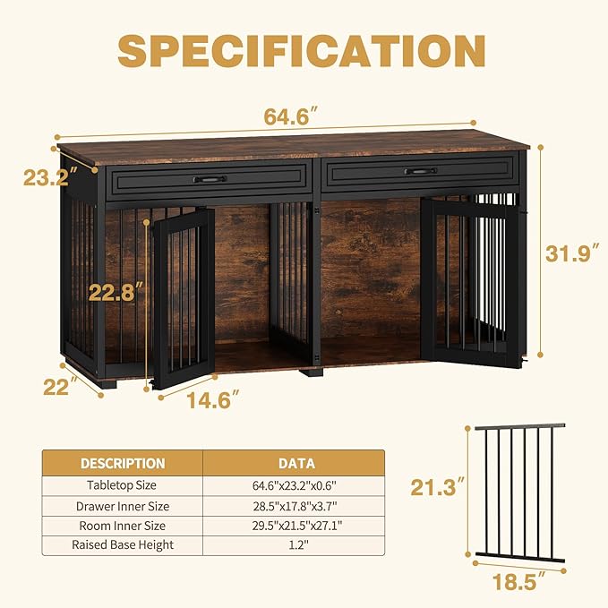 Furniture Style Dog Crate, 64.6 Inch Wooden Large Dog Kennel with Drawers & Divider, Indoor Dog House Furniture with Double Rooms for Medium Small Breeds, Brown+Black