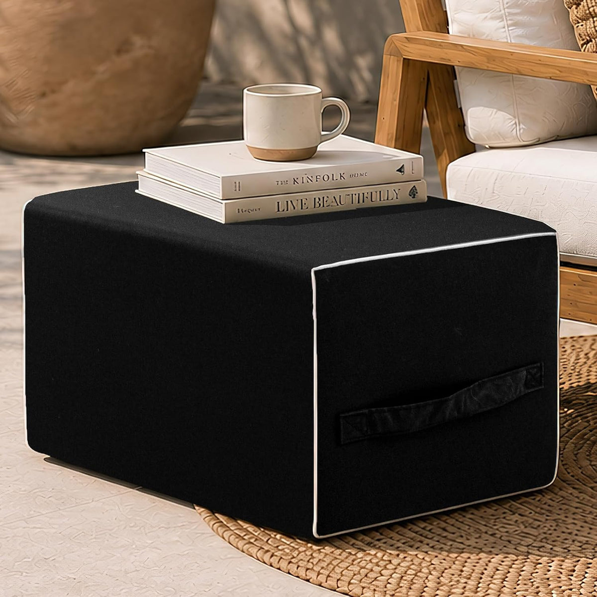 Patio Outdoor Ottoman & Footrest Pouf – All-in-One Foam-Filled Design, Weather-Resistant Zippered Removable Cover, Rectangular Shape (22" x 16" x 14") (Black)