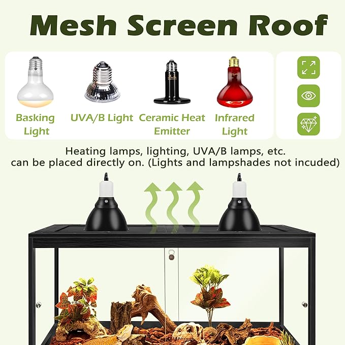 PROLEE Bearded Dragon Tank,34 Gallon Reptile Tank with Meatl Mesh Roof and Front Sliding Door,Lizard Tank,Spacious Reptile Enclosure for Snakes,Lguanas, Chameleons (Black)