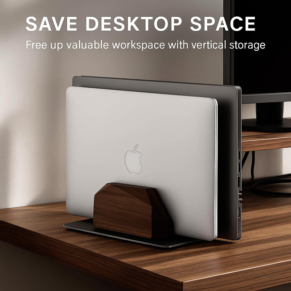 Walnut Vertical Laptop Stand, Dual Slot Wood Laptop Holder for Desk