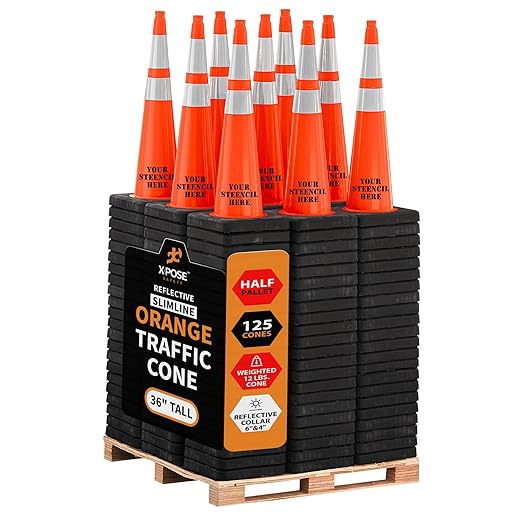Xpose Safety 36 Inch Orange Traffic Cones Heavy Duty 12lb 6" & 4" Collar - Bulk Half Pallet 125 Pack - Multipurpose PVC Plastic Safety Cone Parking, Soccer, Caution & Construction - DOT Approved