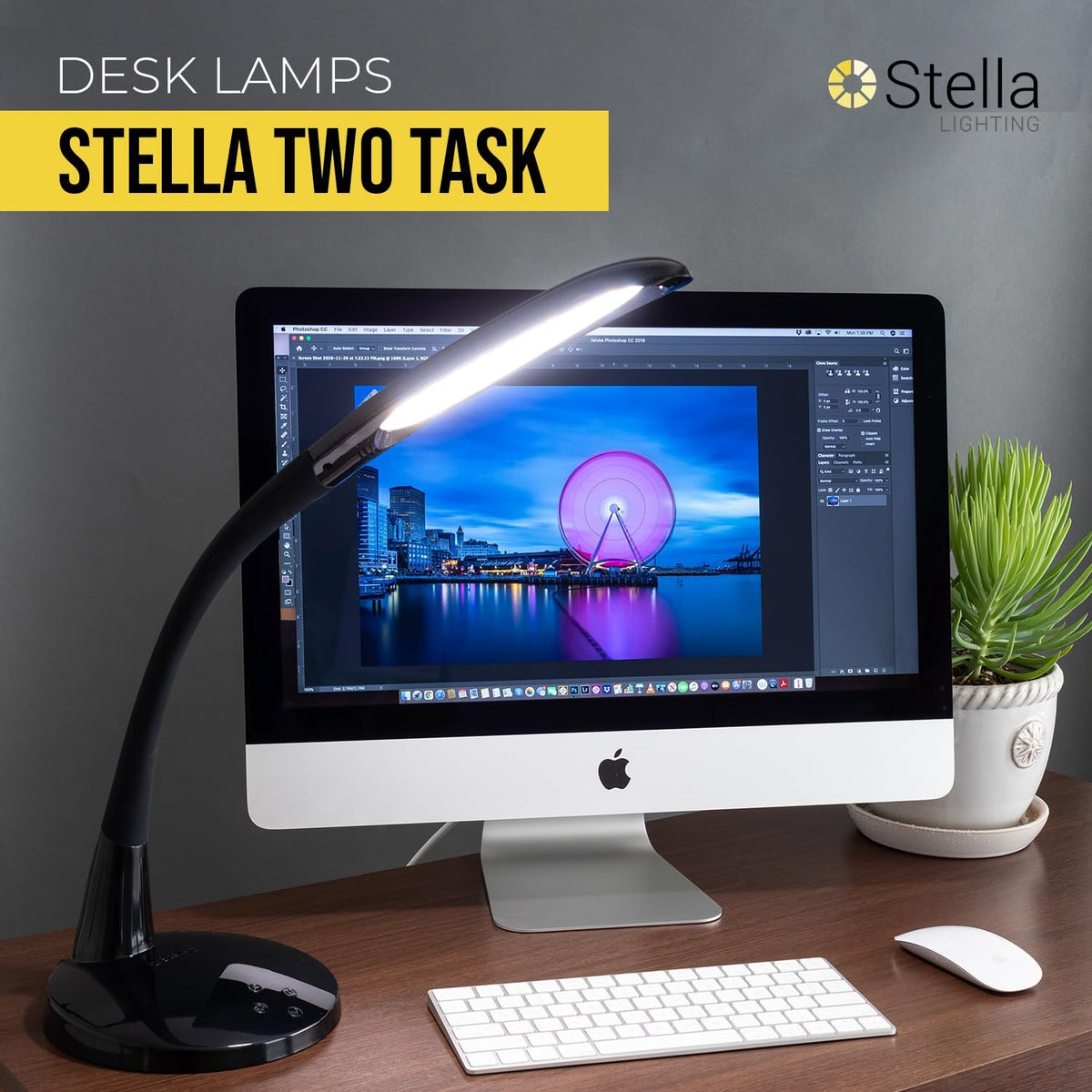 Two Task Lamp, 12W Adjustable Desk Lamp, Dimmable LED Light with Custom Color Temperature for Desk, Office, Bedroom, Living Room, Modern Design for Work, Study, Reading Needs, (Black)