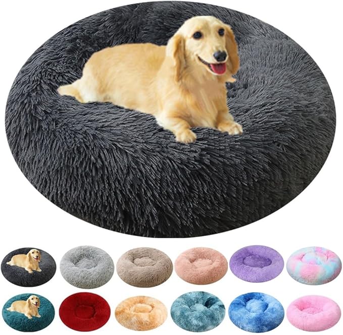 Donut Dog Bed Cat Bed, 20 Inch Round Fluffy Dog Beds for Small Dogs and Cats, Anti-Anxiety Donut Dogs Cuddler Bed, Washable Pet Bed for Medium Cats (Dark Grey)