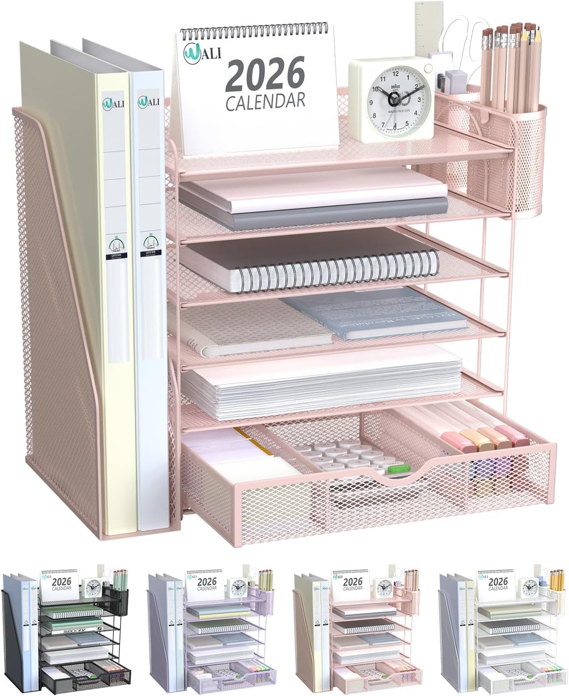 WALI Desk File Organizer, 6 Tier Desktop Paper Letter Tray Organizer with Drawer and 2 Pen Holders, Office Desk Accessories & Workspace Organizers for Office, Home Supplies(DO007DH-P), 1 Pack, Pink