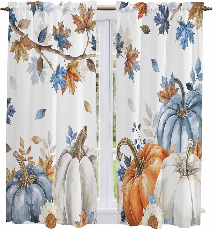 Navy Blue Pumpkin Fall Window Curtains 63 Inch Long 2 Panel Set, Rod Pocket